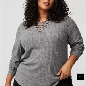 Torrid Waffle Lace Up V-Neck Long Sleeve Top